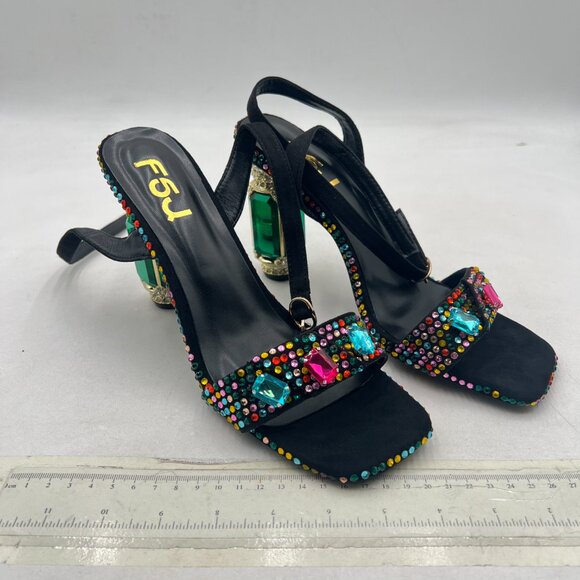 FSJ Black Gems Green Heel Open Toe Stylish Sandals Ankle Strap Ballroom Shoes - Picture 4 of 8